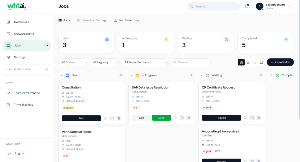 WhtAI Jobs dashboard — tasks created from WhatsApp